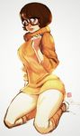  blue_eyes bottomless breasts brown_hair curvy duplicate freckles glasses hips kneehighs kneeling medium_breasts orange_shirt qiqo scooby-doo shirt short_hair sleeves_pushed_up socks solo sweater thighs turtleneck velma_dace_dinkley 