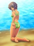  beach brown_hair dark_skin green_bikini green_swimsuit kneeling mizugi poorly_tagged short_hair tagme tanned water 