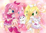  blonde_hair blue_eyes bow braid brooch cat choker cure_melody cure_rhythm dress fairy_tone fary frills g-clef_(suite_precure) green_eyes hair_ribbon houjou_hibiki hummy_(suite_precure) jewelry lary long_hair magical_girl midriff minamino_kanade miry multiple_girls musical_note narimiya_momone navel outstretched_hand pink_background pink_bow pink_choker pink_hair pink_legwear precure ribbon smile sory sparkle suite_precure thighhighs tiry twintails white_choker wrist_cuffs zettai_ryouiki 