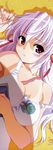  absurdres blush book breasts estel_freesia hair_ribbon hermit_crab highres large_breasts long_hair long_image looking_at_viewer lying purple_eyes pursed_lips ribbon solo stick_poster strap_slip tan tanline watanabe_akio white_hair yoake_mae_yori_ruri_iro_na 