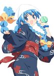  bad_id bad_pixiv_id balloon blue_eyes blue_hair blue_kimono braid hat ikamusume japanese_clothes kimono long_hair peko shinryaku!_ikamusume solo tentacle_hair yukata 