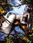  animal_ears ass bare_shoulders blue_hair blurry branch cat_ears chin_rest closed_eyes erufan felicia fur jpeg_artifacts leaf light_smile lying nature on_stomach paws solo source_request tail tree vampire_(game) 