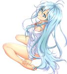  ahoge antenna_hair bad_id bad_pixiv_id barefoot blue_eyes blue_hair denpa_onna_to_seishun_otoko face feet full_body hands hands_on_feet highres hiyori_(sonoma) kneeling long_hair no_panties off_shoulder open_clothes open_shirt plantar_flexion shirt soles solo touwa_erio 