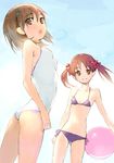  ball beachball bikini brown_eyes brown_hair casual_one-piece_swimsuit kage_yuu long_hair looking_back misaka_mikoto multiple_girls navel one-piece_swimsuit shirai_kuroko short_hair smile string_bikini swimsuit to_aru_kagaku_no_railgun to_aru_majutsu_no_index twintails wind 