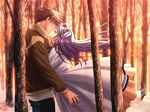  forest kiss long_hair purple_hair snow 