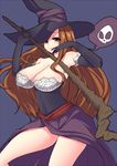  bare_shoulders breasts brown_eyes brown_hair detached_sleeves dragon's_crown dress hat hat_over_one_eye huge_breasts long_hair masayu simple_background solo sorceress_(dragon's_crown) staff strapless strapless_dress witch_hat 