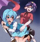  blue_dress blue_eyes blue_hair blush dress dry_humping geta hat heterochromia humping jiangshi karakasa_obake long_tongue miyako_yoshika multiple_girls ofuda open_mouth outstretched_arms pale_skin purple_umbrella sama_samasa sandals skirt tatara_kogasa tears tongue touhou translated umbrella yuri zombie_pose 