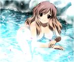  blush brown_hair cherry_blossoms female highres hijiri_byakuren long_hair nude onsen steam sunlight touhou water yadokari_genpachirou 