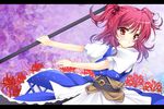 :d belt blue_dress blush dress grin hair_bobbles hair_ornament highres kusano_(torisukerabasu) letterboxed onozuka_komachi open_mouth polearm red_eyes red_hair smile solo touhou two_side_up v-shaped_eyebrows weapon 