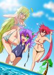  3girls :&lt; arcana_heart arcana_heart_3 arm_up ass bikini bikini_tan blonde_hair breast_lift breasts cleavage clothes_theft covering covering_breasts eko_(arcana_heart) green_eyes hair_bobbles hair_ornament heart heart-shaped_pupils kaz_(arcana_heart) long_hair medium_breasts multiple_girls muruchi- o-ring o-ring_bottom o-ring_top one_eye_closed open_mouth palm_tree pink_eyes pink_hair purple_hair scharlachrot side-tie_bikini small_breasts swimsuit swimsuit_theft symbol-shaped_pupils tan tanline theft topless tree twintails untied very_long_hair weiss 