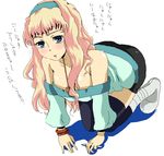  all_fours blonde_hair blue_eyes blush breasts hairband large_breasts long_hair macross macross_frontier oekaki sheryl_nome sima solo thighhighs translation_request 