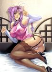  alternate_hairstyle antenna_hair ass bare_shoulders bed_sheet braid breasts china_dress chinese_clothes detached_sleeves double_bun dress garter_belt hair_intakes high_heels homare_(fool's_art) large_breasts lingerie lipstick lying makeup original panties pantyshot pantyshot_(lying) purple_eyes purple_hair sheer_legwear shizune_(homare) shoe_dangle shoes short_dress solo thighhighs twin_braids underwear v white_panties 