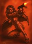  2006 angry bottomless breasts coat copyright_request curly_hair dated firing gun junqspace long_hair medium_breasts monochrome muzzle_flash naked_coat nipples no_bra no_panties non-web_source one_knee open_clothes open_coat red red_background sandals solo weapon 