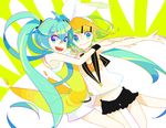  aqua_eyes aqua_hair blonde_hair hair_ornament hair_ribbon hairclip hako_(swimjelly) hatsune_miku kagamine_rin long_hair multiple_girls navel project_diva_(series) project_diva_2nd ribbon short_hair shorts smile twintails very_long_hair vocaloid yellow_(vocaloid) 