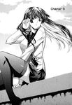  comic greyscale highres kampfer long_hair monochrome sangou_shizuku school_uniform solo tachibana_yuu thighhighs 