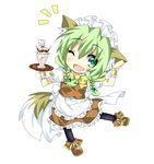  braid chibi food green_eyes green_hair ice_cream kemonomimi kitsunemimi open_mouth saitou_kon shingetsu_takehito solo sundae tail tray twin_braids waitress wink 