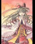  bad_id bad_pixiv_id bow brown_hair closed_eyes embellished_costume floating_hair frilled_sleeves frills graphite_(medium) hair_bow hakurei_reimu hands_clasped highres long_hair meowbetty own_hands_together pillarboxed sky solo touhou traditional_media twilight watercolor_(medium) wide_sleeves 