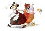  animal_ears annoyed bare_shoulders blonde_hair blush bow braid brown_hair bunny_ears chibi daruia_(sabitare) detached_sleeves dragging dress hair_bow hair_tubes hakurei_reimu hat holding inaba_tewi kirisame_marisa multiple_girls short_hair sign touhou witch_hat 