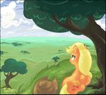  applejack_(mlp) equine female friendship_is_magic high_place hills horizon horse landscape my_little_pony outside pony ponyshot shade tree valley vista 