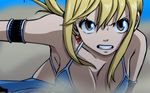  &gt;&lt; blonde brown_eyes cleavage fairy_tail lucy_heartphilia oppai side_ponytail tagme 