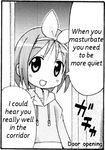  artist_request doujinshi greyscale hair_ribbon hard_translated hiiragi_tsukasa hood hoodie lowres lucky_star monochrome ribbon short_hair solo translated 