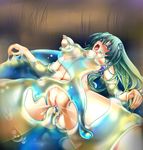  blue_eyes breasts female_ejaculation frog green_hair hair_ornament highres kochiya_sanae long_hair monikano nipples nude open_mouth pussy pussy_juice rape slime snake solo tears touhou uncensored vaginal 