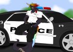  anthro canid canine car claws clothed clothing cruiser digital_media_(artwork) dragon english_text hair horn joykill k9_unit loki_rel_zephyr male mammal multicolored_hair muscular musuclar_male outside police police_car scalie source_request text toe_claws uniform v-neck vehicle 