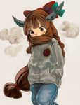  bow brown_eyes casual coat cold contemporary dareruraito hair_scarf hands_in_pockets highres horn_bow horns ibuki_suika long_hair low-tied_long_hair orange_hair runny_nose snot solo touhou 