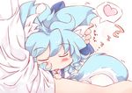  animal_ears blue_dress blue_hair blush bow cat_ears cat_tail chibi cirno dress fang hair_bow hand_on_head heart kemonomimi_mode lap_pillow lozelia open_mouth out_of_frame petting sleeping solo_focus tail touhou zzz 