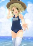  beckoning blonde_hair hand_on_headwear hat highres looking_at_viewer moriya_suwako ocean one-piece_swimsuit outstretched_hand sakurea school_swimsuit short_hair solo standing swimsuit thighhighs touhou water white_legwear yellow_eyes 