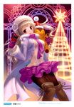  blonde boots camera christmas coat gloves hat long_hair pantyhose purple_eyes santa_hat scarf skirt stuffed_animal sweater teddy_bear 