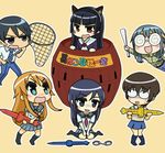  5girls aragaki_ayase barrel bi_no_ossan butterfly_net chibi cuffs glasses gokou_ruri gothic_lolita hand_net handcuffs highres kousaka_kirino kousaka_kyousuke lolita_fashion makishima_saori multiple_girls ore_no_imouto_ga_konna_ni_kawaii_wake_ga_nai pop-up_pirate school_uniform serafuku sword tamura_manami turn_pale weapon 