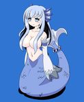  blue_eyes blue_hair breasts censored cleavage convenient_censoring fin fins mermaid monster_girl new_years_(artist) scales topless 