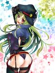  ass bad_id bad_pixiv_id black_legwear breasts cleavage elbow_gloves from_behind garter_belt gloves green_hair hat highres kiraboshi_(star_driver) lace lace-trimmed_thighhighs long_hair looking_back medium_breasts mj6969 open_mouth panties peaked_cap red_eyes solo star_driver thighhighs thong underwear v v_over_eye watanabe_kanako 