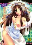  blush breasts brown_eyes brown_hair cover cover_page doujinshi elbow_gloves gloves highres kazuki_hiyori large_breasts long_hair sangokushi_taisen solo 