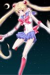  back_bow bad_id bad_pixiv_id bishoujo_senshi_sailor_moon blonde_hair blue_eyes blue_sailor_collar blue_skirt boots bow choker crescent crescent_moon crossover double_bun elbow_gloves eyelashes gloves highres hummy_(suite_precure) knee_boots kojikoji long_hair magical_girl mitsuishi_kotono moon precure red_bow red_choker sailor_collar sailor_moon sailor_senshi_uniform seiyuu_connection skirt suite_precure tiara tsukino_usagi twintails wand white_gloves 