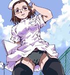  brown_hair garter_straps megane nurse oekaki panchira pantsu short_hair thighhighs yuya 