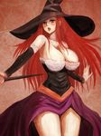  bare_shoulders breasts brown_eyes cleavage curvy detached_sleeves dragon's_crown dress hat large_breasts niwatori_kokezou red_hair solo sorceress_(dragon's_crown) staff strapless strapless_dress witch_hat 