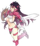  armor black_hair breasts gauntlets large_breasts long_hair navel nishieda open_mouth original red_eyes shield simple_background sketch solo spurs sword thigh_strap weapon 