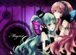  aqua_eyes aqua_hair blue_eyes butterfly_wings hair_ornament hat hatsune_miku hazel_(silver_vine) headphones long_hair magnet_(vocaloid) megurine_luka mini_hat mini_top_hat multiple_girls pink_hair top_hat vocaloid wings yuri 