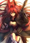  animal_ears bangs belt boots breasts brown_eyes cleavage corset fingerless_gloves fox_ears fur_trim garuku gauntlets gloves greaves holding holding_weapon long_coat long_hair looking_to_the_side medium_breasts original polearm red_hair shorts smile solo thigh_boots thighhighs very_long_hair weapon yellow_eyes 