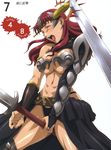  armor breasts claudette_(queen's_blade) cleavage earrings gloves helmet highres jewelry large_breasts muscle nigou open_mouth pov queen's_blade red_hair revealing_clothes solo sword weapon 