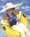  blue_eyes blue_hair breasts in_water large_breasts mizugi oppai short_hair straw_hat sukumizu swim_ring 