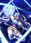  antenna_hair breasts elbow_gloves fingerless_gloves full_moon fura gloves hairband helmet highres large_breasts leaf legs long_hair moon naginata polearm purple_eyes purple_hair rance_(series) sengoku_rance senhime slashing smile solo spear thighhighs thighs very_long_hair weapon white_legwear 