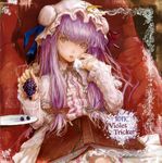  :p absurdres book bookmark bow bun_cover capelet coat couch crescent crescent_hair_ornament double_bun dress food frills fruit fuyuno_haruaki grapes hair_bow hair_ornament hair_ribbon hat highres holding holding_food holding_fruit long_hair long_sleeves looking_at_viewer mob_cap open_book open_clothes open_coat open_robe patchouli_knowledge plate purple_dress purple_hair ribbon robe sitting solo striped striped_dress tongue tongue_out touhou tress_ribbon very_long_hair 