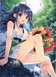  anklet arm_support barefoot black_hair blush braid dress feet flower food kasukabe_akira long_hair open_mouth popsicle sunflower toes trap waterfall 