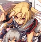  azur_lane black_gloves blonde_hair blue_eyes blue_jacket blush bubble_blowing cleveland_(azur_lane) columbia_(azur_lane) commentary_request denver_(azur_lane) fingerless_gloves fu-ta gloves grin hair_between_eyes hair_ornament hairclip jacket kibasen looking_at_viewer montpelier_(azur_lane) multiple_girls one_side_up orange_eyes parted_lips pleated_skirt pointing red_eyes red_skirt skirt smile sparkle sunglasses white_background 