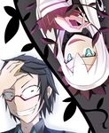  1girl black_hair blue_eyes crazy_eyes glasses grin iijima_ryouta mistelteinn shimeno_puni smile symbol-shaped_pupils upside-down white_hair yumekui_merry 