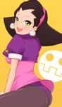  ass bad_id bad_pixiv_id black_hair earrings green_eyes hair_pulled_back hairband jewelry pantyhose pink_hairband rockman rockman_dash saijou_hirokazu smile solo tron_bonne 