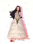  black_hair bouquet closed_eyes dress elwing_(gun_princess) enami_katsumi flower gloves gun_princess happy long_hair official_art scan solo wedding_dress 